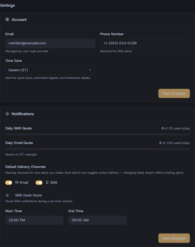 Settings page — phone number, default delivery channels, and SMS quiet hours
